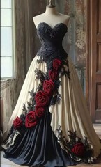 Gothic Black Champagne Wedding Dresses Red Ros Lace Corset Victorian Bridal Gown