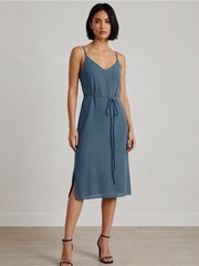 Lulus Breezy Slate Blue Chiffon V-Neck Tie Waist Midi Dress Side Slits Sz L NWT