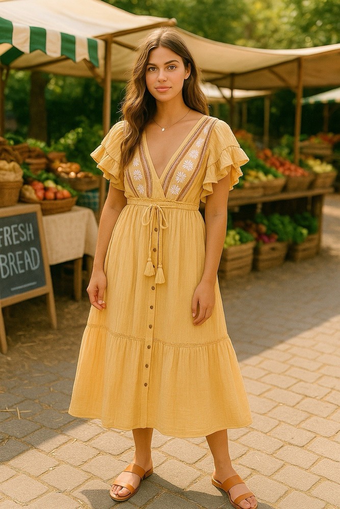 Free People Women&rsquo;s Floral Embroidered Tassel V-Neck Midi Dress Yellow Size XS