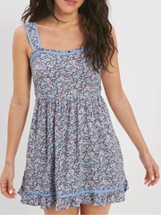 American Eagle Floral Lace Up Back Dress NWT XL Blue Corset Ruffle Mini Summer