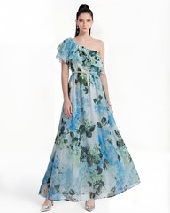 Chiffon Floral Print Ruffled Neck Beading Belt Women Casual Party Beach Dresses