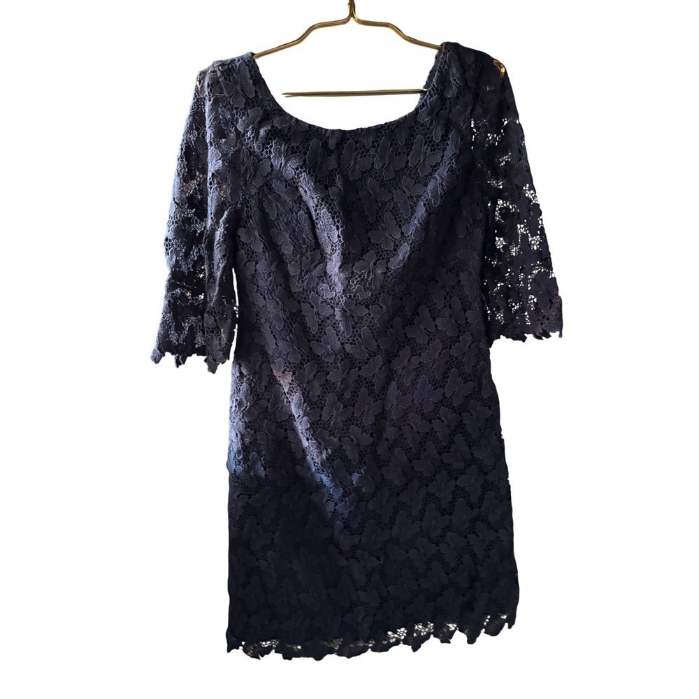 Navy Blue Lace Dress 3/4 Sleeve V Neck Cocktail Party Special Occasion