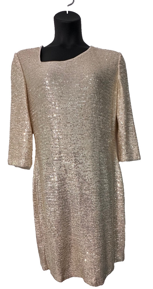 NWT St. John Gold Asymmetrical Neck Sequin Knit Cocktail Dress Size 14 MSRP $950