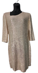 NWT St. John Gold Asymmetrical Neck Sequin Knit Cocktail Dress Size 14 MSRP $950