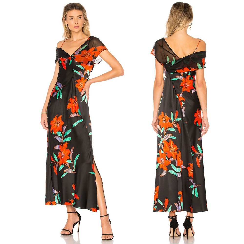 Diane von Furstenberg Draped Asymmetric Off Shoulder Floral Knotted Maxi Gown, 2