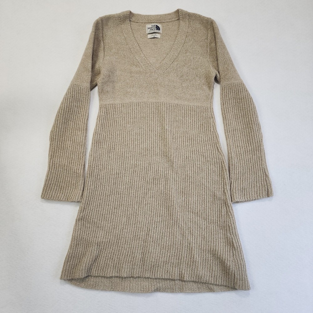 The North Face Sweater Dress Womens Medium Tan Ribbed Knit Classic Warm V-Neck