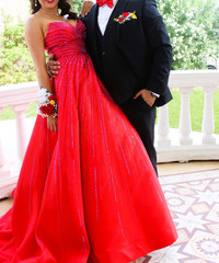 Sherri Hill 55115 – Strapless mikado ball gown with hot fix and high slit skirt