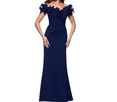 Xscape Navy Blue Ruffle Off the Shoulder Crepe Column Gown Dress Size 18
