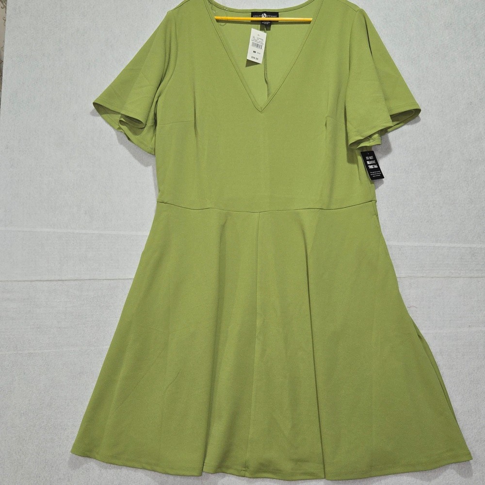 Ashley Stewart Olive Green Flutter Sleeve V Neck Midi Dress Plus Size 14 16