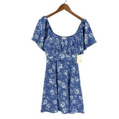 PIE IN THE SKY Dress Large Blue White Floral Milkmaid Babydoll Mini W220