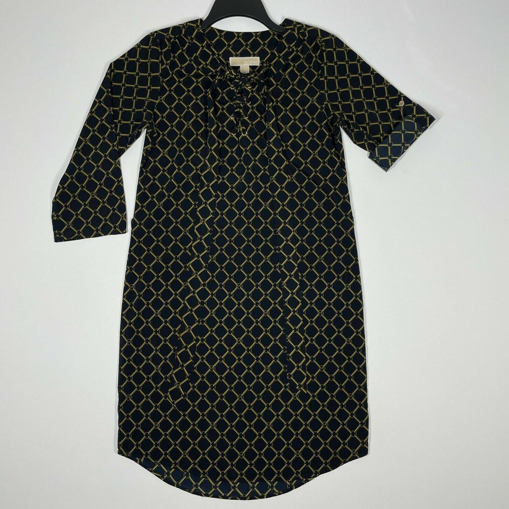 Michael Kors Dress 3/4 Roll Tab Sleeves Knee Length Lace Up Navy Gold Women&rsquo;s S