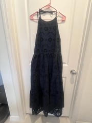 Time and Tru Navy Eyelet Halter Ruffle Midi Sundress Womens L (12-14)