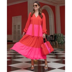 Sail to Sable Dress Women Small Red Pink Tiered Colorblock Bow Neck Midi Preppy