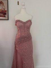 Pink Solid Sequin Long Gown Sweetheart Lace Up Train with transparent straps