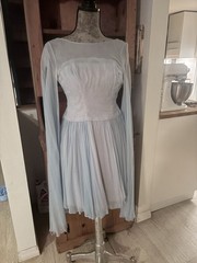 Emma Domb Chiffon A-Line Dress Light Blue/White Boat Neck Long Sleeve 000