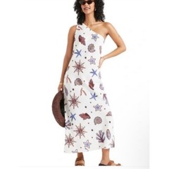 C&C California Women XL Linen Blend One Shoulder Coastal Shell Print Midi Dress