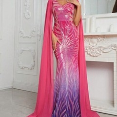 Multicolor Random Print, Cloak, Sequined, Mesh Mermaid Maxi gown