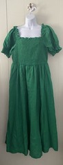 Boden Smocked Bodice Midi Dress US Size 14R 100% Linen Pockets Green EUC