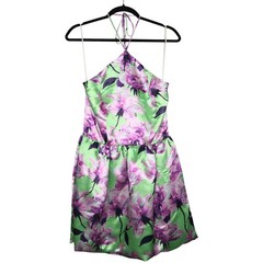 Delfi Tiffany Mini Dress Womens Size Medium Green Floral Print Satin Halter