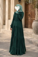 Women’s Green Solid Pleated Long Sleeve Maxi Dress Pullover One Size