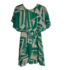 Green & Tan Geometric Print Chiffon Mini Dress S Flutter Sleeve Boho Resort Dres