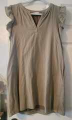 Cotton Bleu Olive Solid V-Neck Shift Dress Flutter Ruffle Sleeve Cotton S