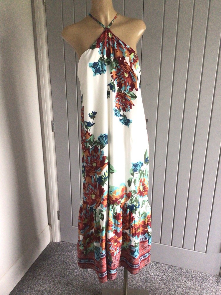 Stunning Ladies Long Dress UK 12/14 Lined Halter neck 50” L Unused Excellent