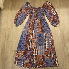 SCOOP NYC Patchwork Pattern Boho Smocked Dress 3/4 Sleeves Womens Size 0 – 2 XS