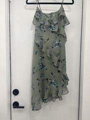 Open Edit XS Sage Green Floral Ruffle Midi Dress Asymmetrical Wedding Guest