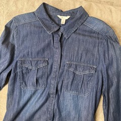 Womens Denim Chambray Shirt Dress L Blue Frayed Hem BOHO Western Tunic Casual