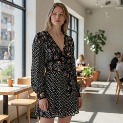 Free People Mixed Floral Print V-Neck Button Front Mini Dress Black Small