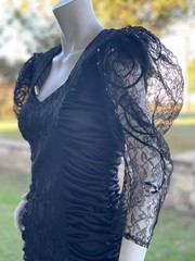 Vintage 80s Black Bodycon Cocktail Dress, Ruched Satin and Huge Puff sleeves
