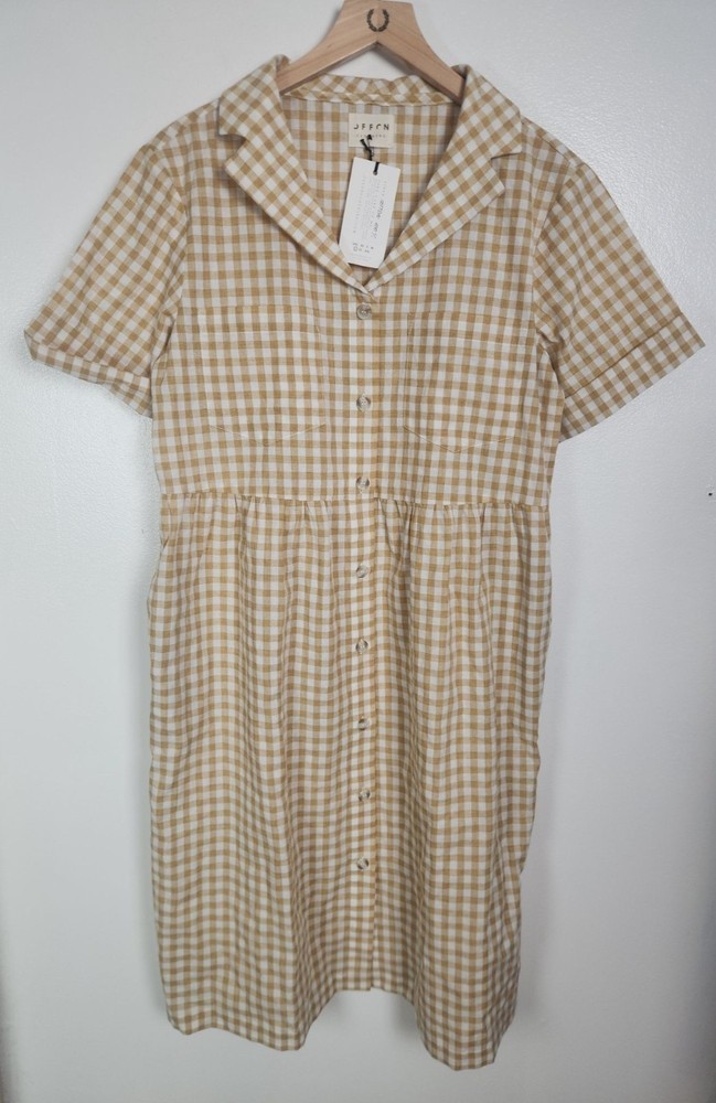 Offon Clothing Women&rsquo;s Sz. L Short Sleeve Button Down Tan Gingham Dress NWT