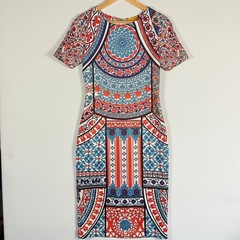 Pankaj & Nidhi Dress Medium Blue Red White Mosaic Festival Boho Scuba Exotic
