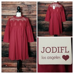 Jodifl Shift Dress S Red Crochet Medallion Mesh Ruffle High Neck 100% Cotton NWT