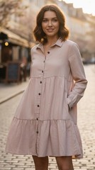 Paper Crane Pink Tiered Ruffle Button-Down Midi Dress Medium Boho Feminine
