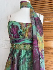 French Designer Turquoise Multi Watercolour Embellished Dress & Scarf 38
