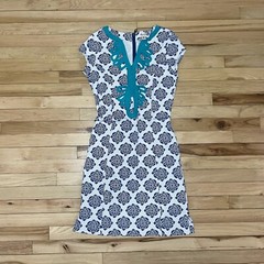 Hatley Fitted Stretch Dress Floral White Blue Resort Embroidered Neck Size Small