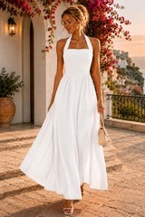 New White Halter Maxi Dress Elegant Flowy Summer Beach Vacation Dress