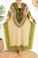 Dashiki Kaftan Caftan Cover Up One Size Beige Green Boho Beach NWOT 51 inches