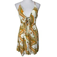 Wild Fable Women&rsquo;s Small Babydoll Psychedelic Floral Mini Dress Orange Green Y2K