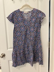 Loft Blue Multicolor Dress Flutter Sleeve Ruffle Tier Hem Summer Chic Size PM