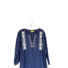 Roller Rabbit Blue White Stitched Lagenlook Boho Relaxed Tunic Dress Size Large