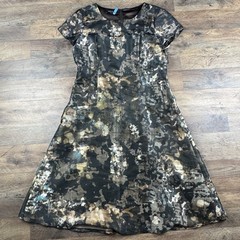 Lafayette 148 Blurred Animal Print Dress Size 10 Gold Brown Pockets Silk Blend