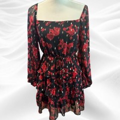 City Studio Womens Juniors Red Black Gold Floral Print Square Neck Dress Small