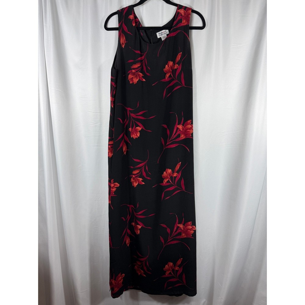 Style & Co Collection Black Red Floral Maxi Dress Womens Size 12 100% Silk