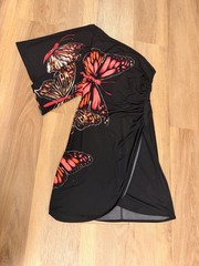Bisou Bisou Ruched Black Red Orange Monarch Butterfly One Shoulder Dress Sz 4