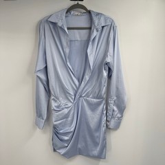 Mable Satin Wrap Mini Dress Womens Large Light Blue Ruched Long Sleeve Cocktail