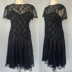 Vtg Formal Dress Plus Size 20 Black Lace Sequin Drop Waist Gothic Whimsigoth 80s