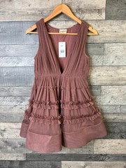 Lace & Beads Mini Dress Size UK 10 Brown Tulle Ruffle Boho V Neck Party Wedding